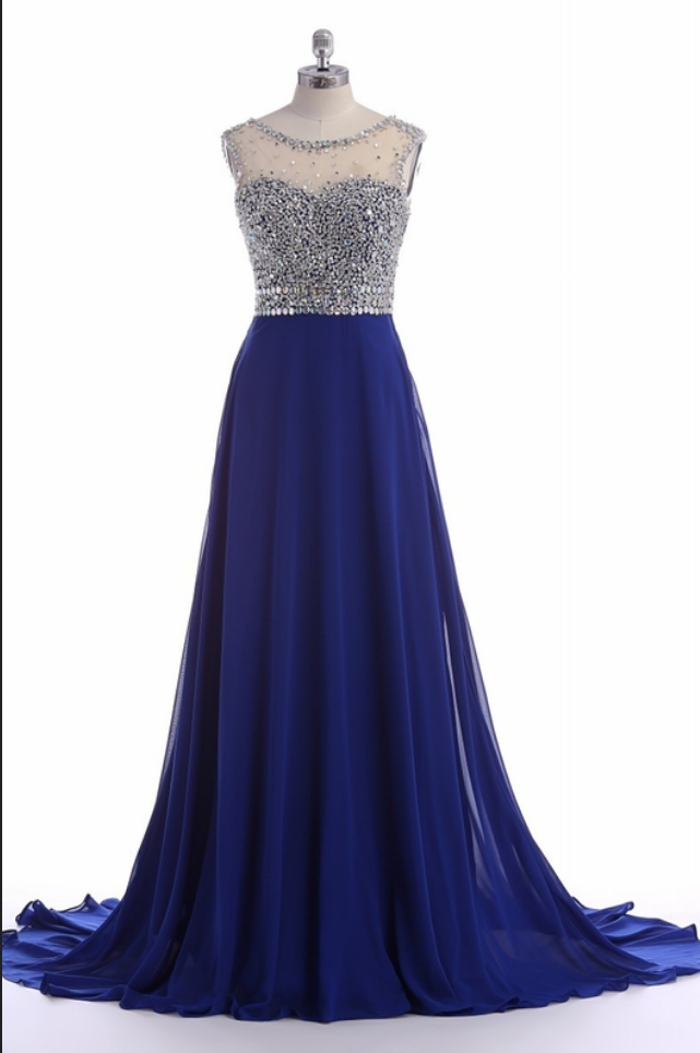 Sleeveless Blue Prom Dress,beading Prom Dresses,long Evening Dress
