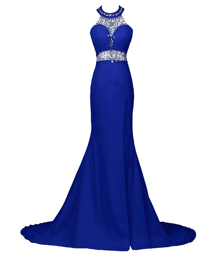 Sexy Beaded Halter Trumpet Prom Dress, Royal Blue Sequins Low Back Long Prom Dress, Front Split Sweep Train Chiffon Prom Dress