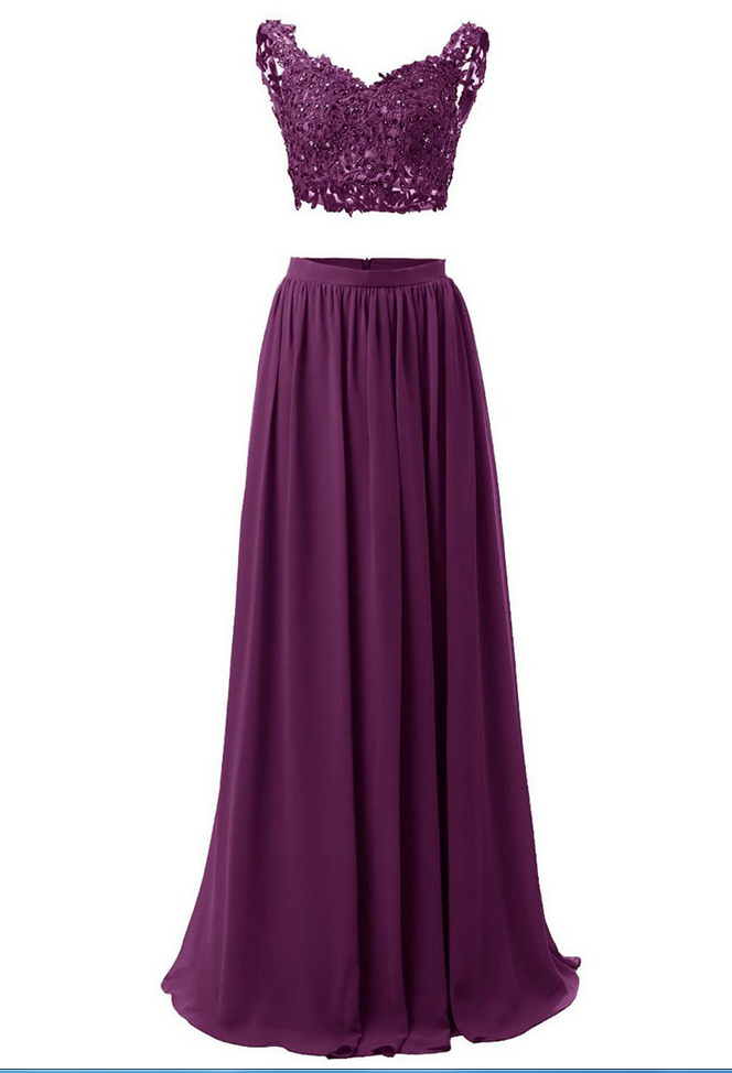 Rounded Sweetheart Purple Long Prom Dress, Low Back Two Piece Chiffon Prom Dress, Lace Appliques Floor Length Prom Dress