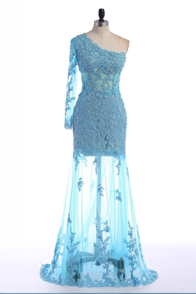 One Shoulder Prom Dress,blue Applique Prom Dresses,evening Dress