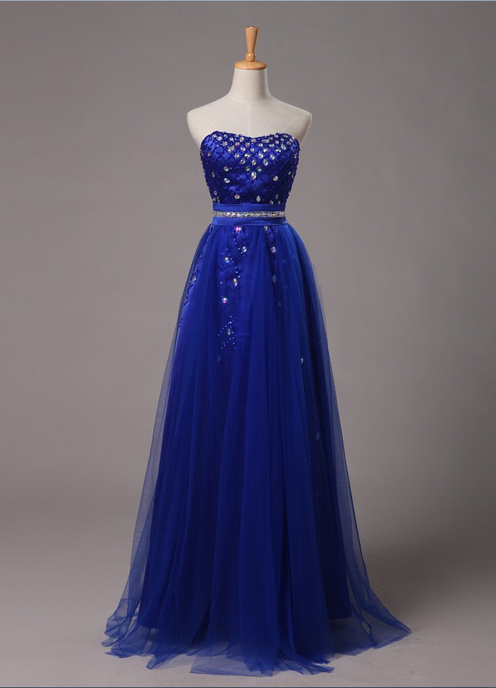 Real Image Prom Dresses Sweetheart Blue In Stock A-line Off The Shoulder With Piping Exquisite Crystals Floor-length Satin