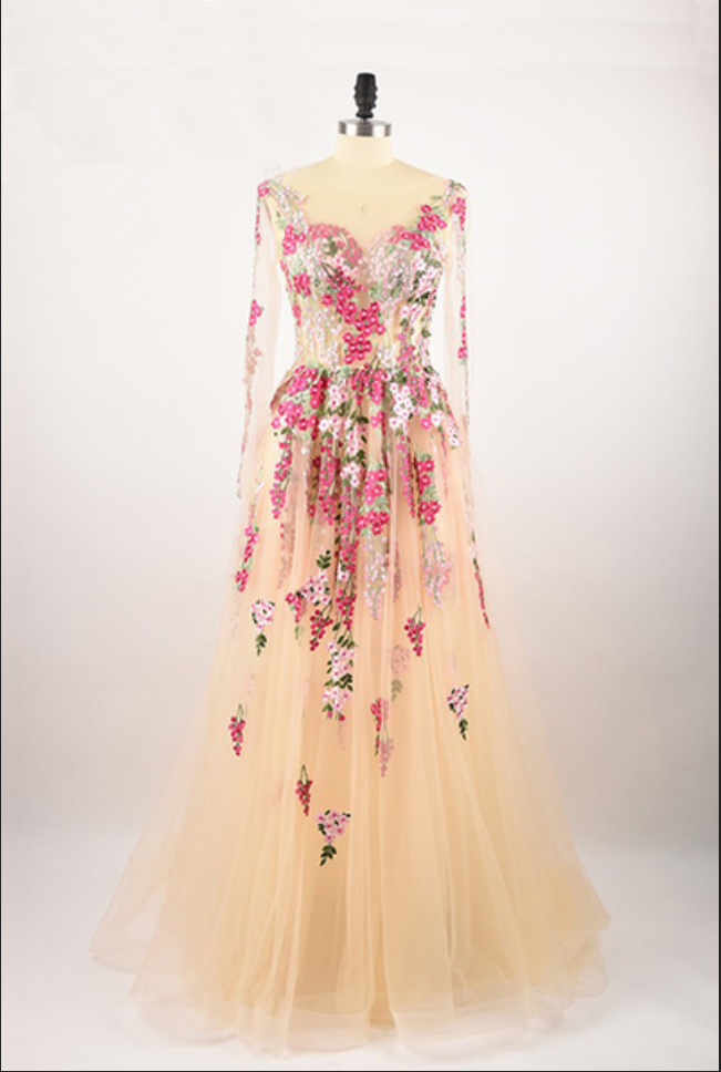 Prom Dresses ,long Sleeve Prom Dress,charming Prom Dresses,appliques Evening Dress,tulle Long Prom Dress,formal Dress