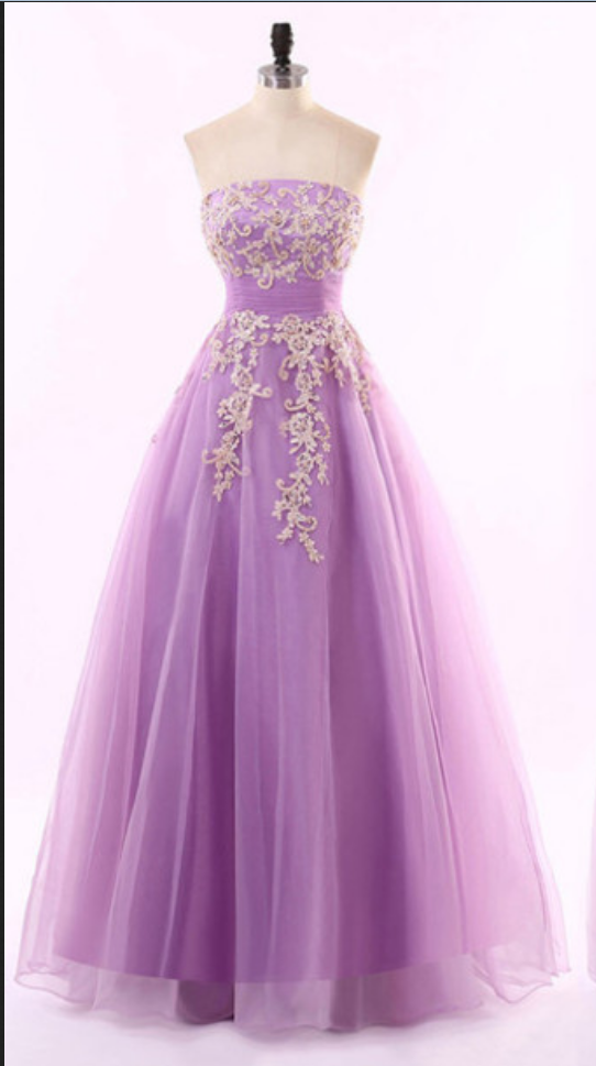 Purple Strapless A-line Tulle Long Prom Dress With Floral Appliqués
