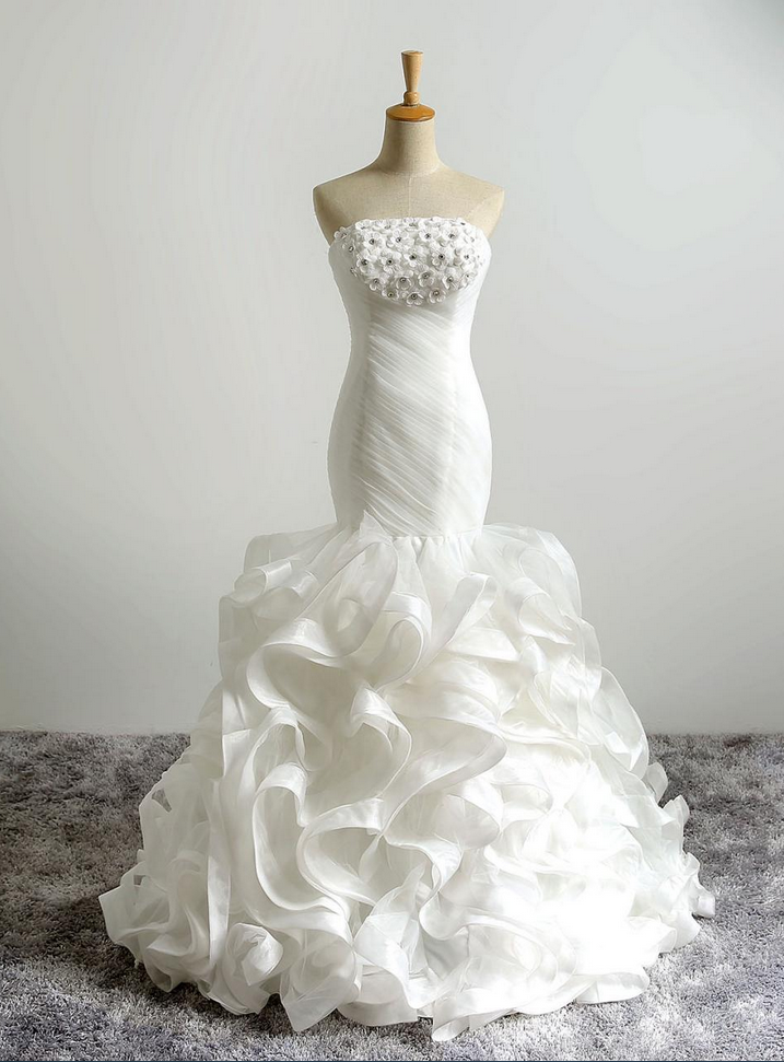 Ivory Floor Length Ruffle Trumpet Wedding Dress Featuring Ruched Strapless Bodice With Floral