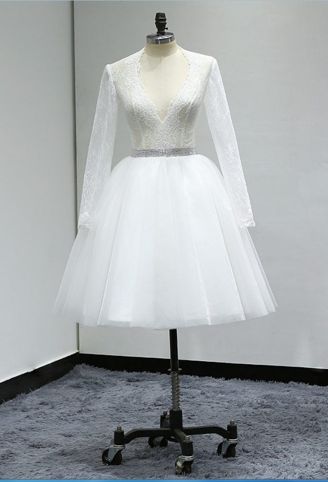 China Bridal Gowns Knee Length Short Wedding Dress Turkey Lace Long Sleeve Sexy Wedding Dress
