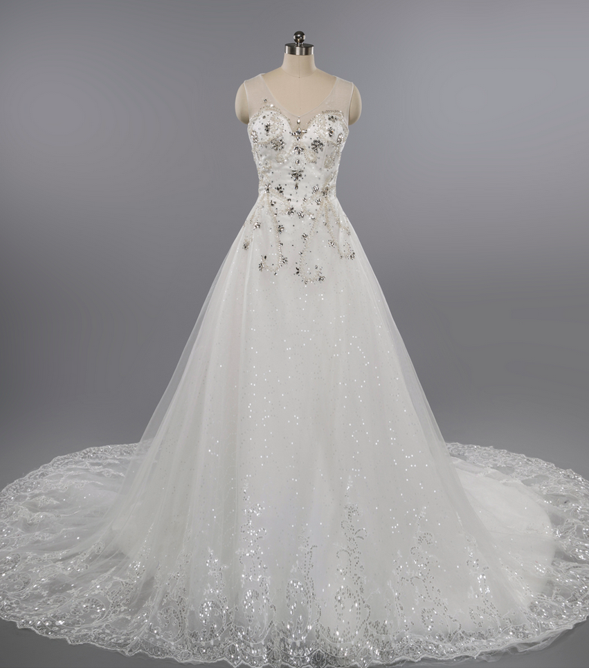 Luxury Dubai Wedding Dress,a-line Lace Applique Sequined Wedding Dresses,shiny Sparkly Wedding Gown