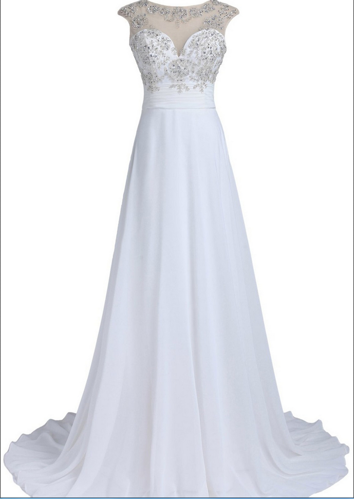 A-line Wedding Dresses,bateau Court Train Bridal Dresses,chiffon Ivory Wedding Dresses,beaded Wedding Dress With Sequins