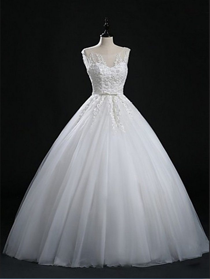 Tulle Ball Gown Wedding Dresses,floor-length Scoop Appliques Beading Zipper-up Beach Wedding Dresses