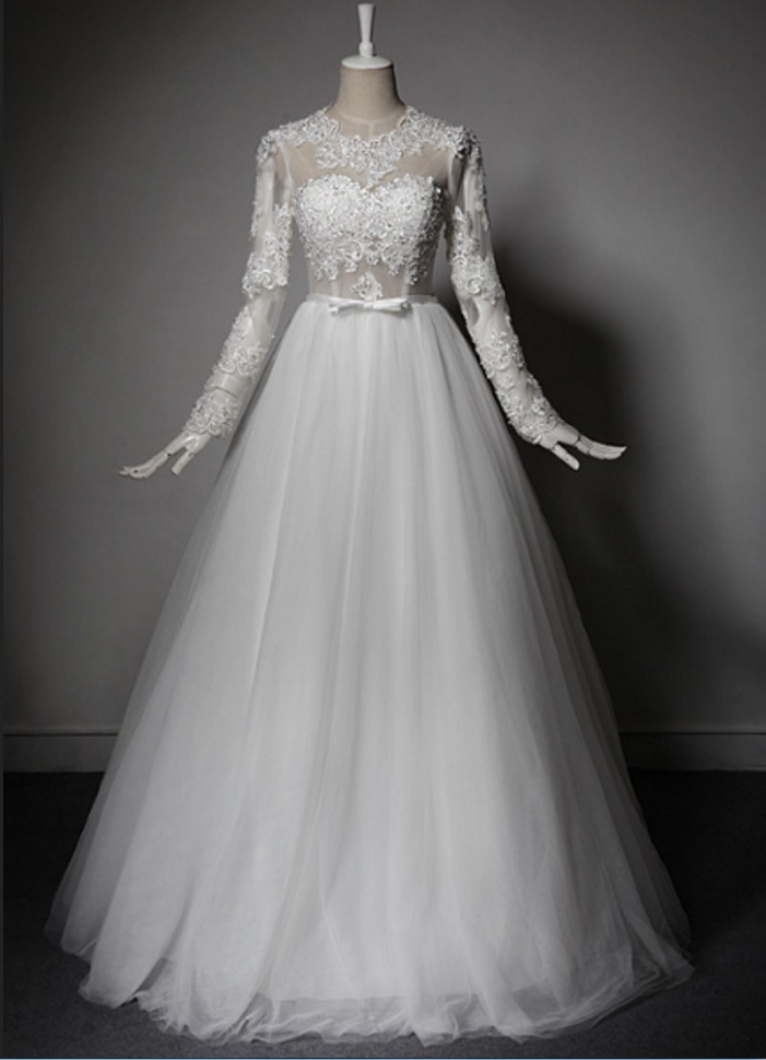  Tulle Lace Long Sleeve Backless Wedding Dress Wedding Dresses