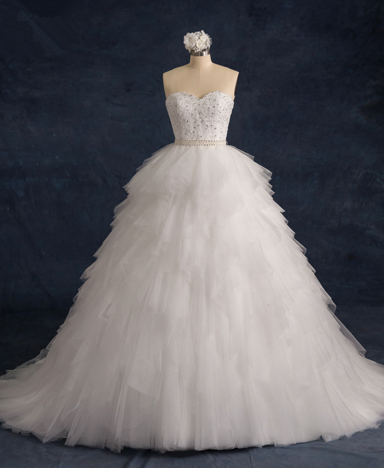 Ruffle Tulle Wedding Gown Featuring Beaded Embellished Sweetheart Bodice And Chapel Train