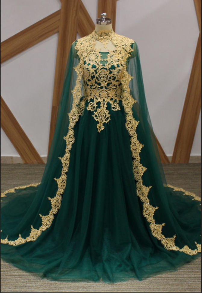 Long Prom Dresses Green Tulle A Line Arabic Party Gowns With Gold Lace Crystals A Line Cloak Floor Legnth Prom Dress
