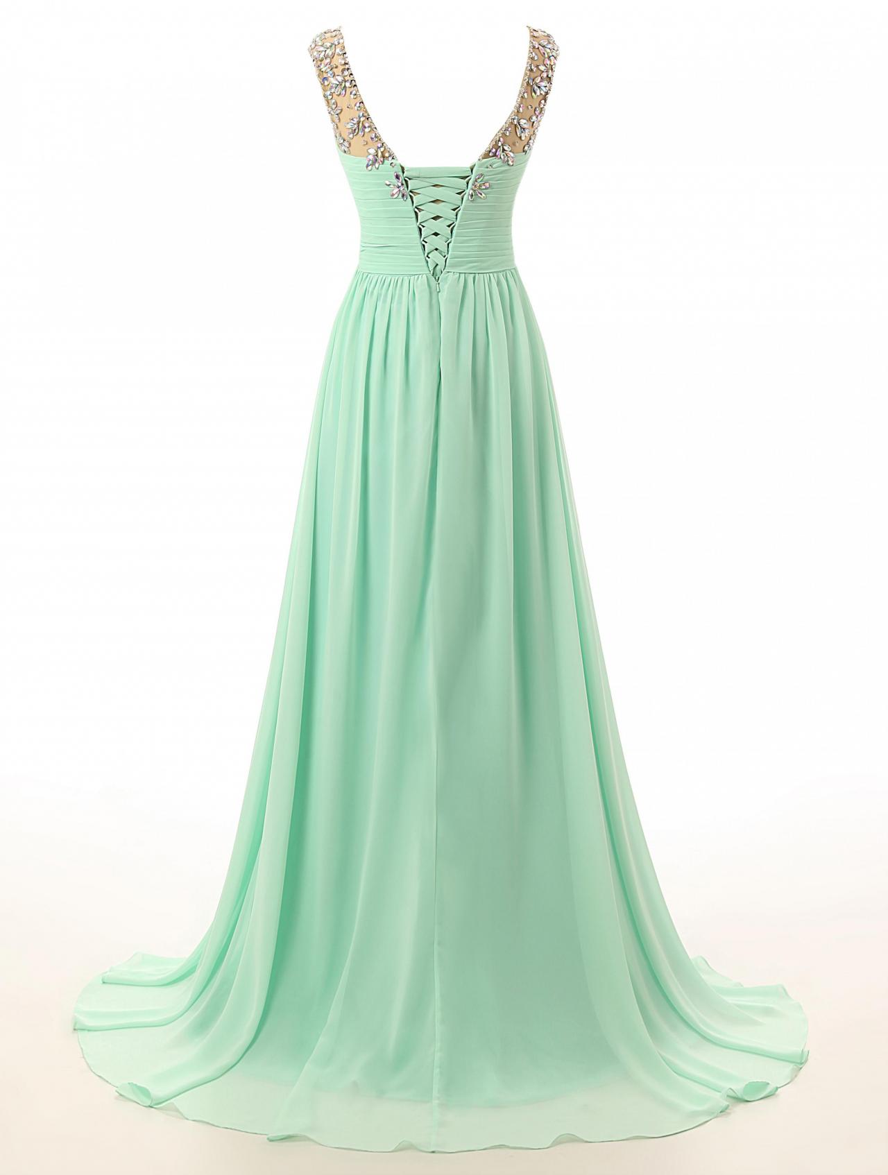 Fashion Mint Green Prom Dresses,sexy Beading Chiffon Evening Dresses, Women Mint Dresses
