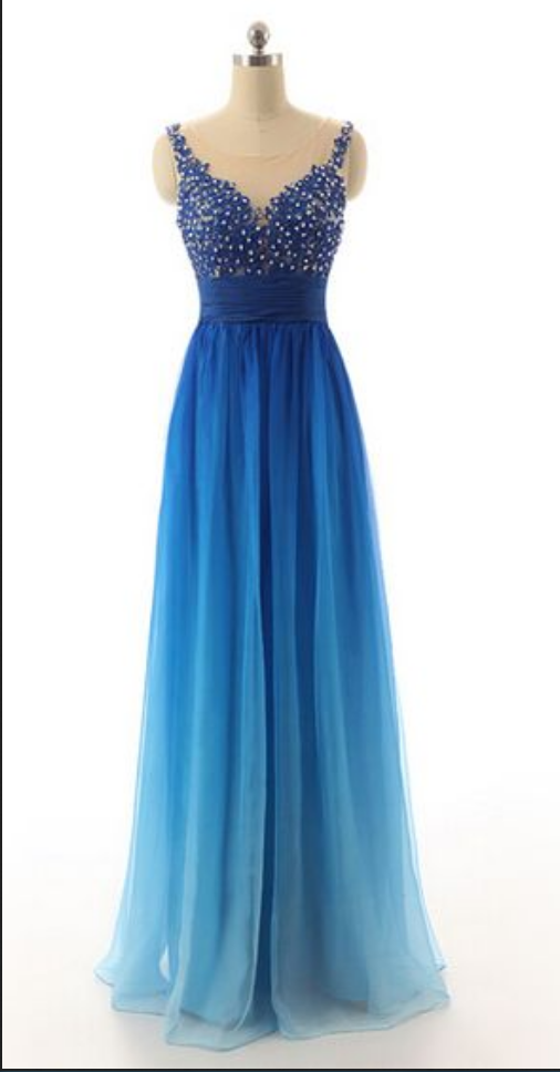 Ombre Blue Prom Dresses,evening Gowns,sexy Formal Dresses,beaded Prom Dresses,ombre Evening Gown,evening Dress,chiffon Prom Dresses