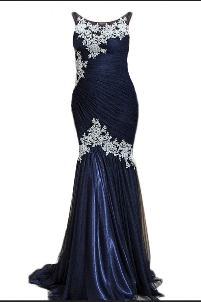 Evening Dress,long Tulle Evening Dress,navy Blue Evening Dresses,lace Appliques Evening Dresses,mermaid Prom Dresses, Formal Evening Gowns, Party