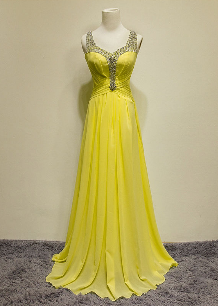 Elegant A-line Prom Dress, Floor Length Prom Dresses,charming Yellow V Neck Prom Gowns ,strapless Chiffon See Through Back Prom Dress, Beaded
