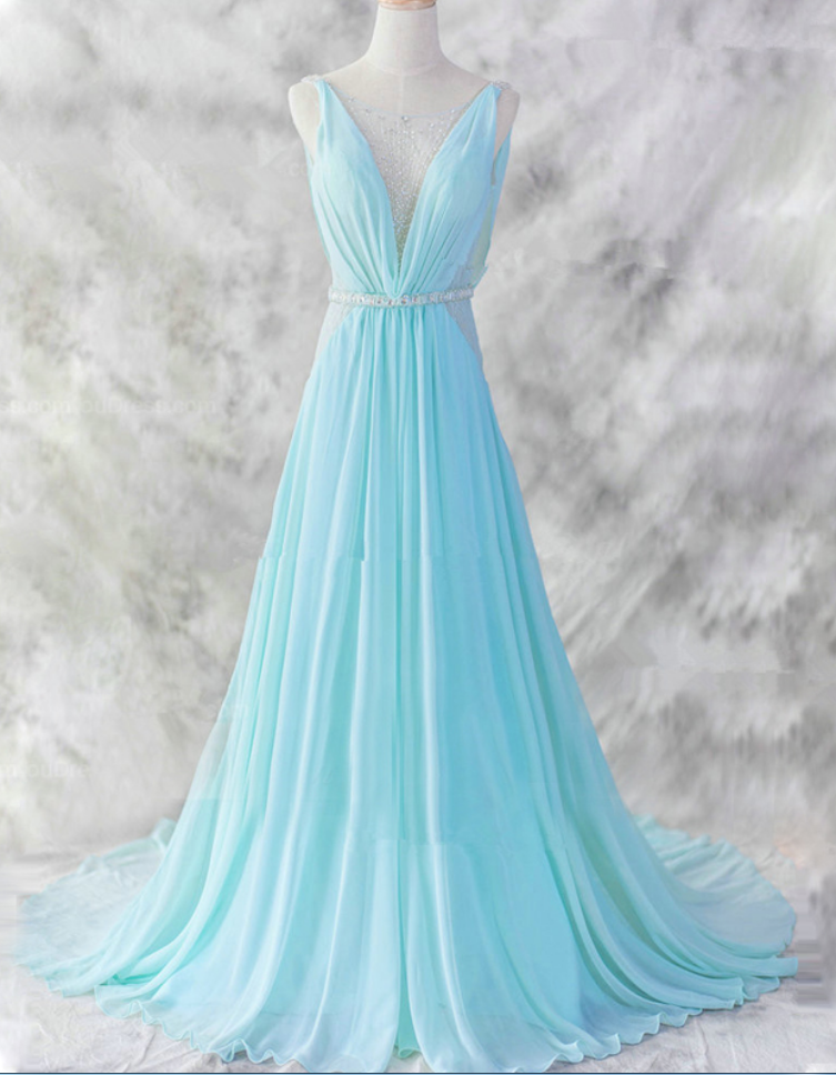 Fashion Chiffon A-line Prom Dress ,real Photos Baby Blue Beaded Long Evening Party Wear Gown,deep V-neck Sexy Elegant Prom Dress