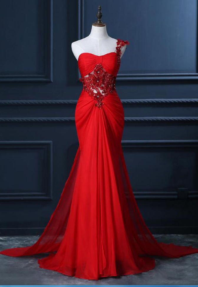 One Shoulder Prom Dress With Beaded Flowers, Unique Red Prom Gowns, Mermaid Chiffon Prom Dress With Cut-out