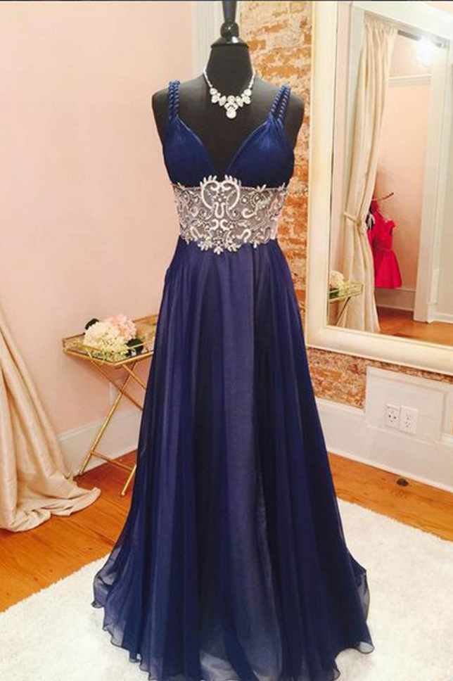 Dark Blue Chiffon Lace Beading V-neck Long Prom Dresses, Evening Dresses