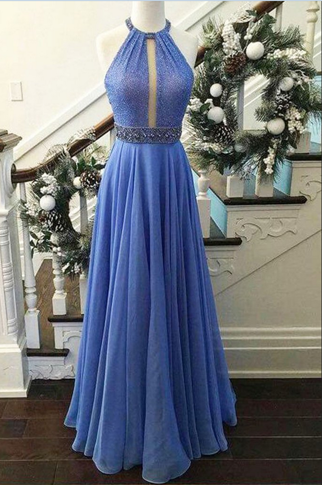 Sky Blue Chiffon Sequins Halter Long Evening Dresses,summer Dress
