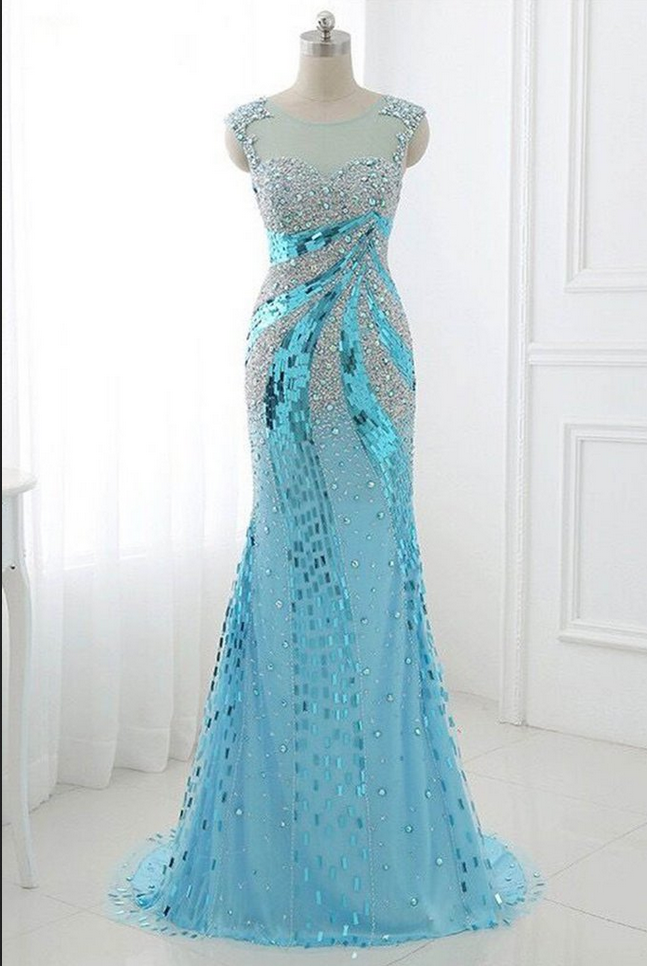 Light Blue Chiffon Beading Sequins See-through Long Dresses,evening Dresses For Prom