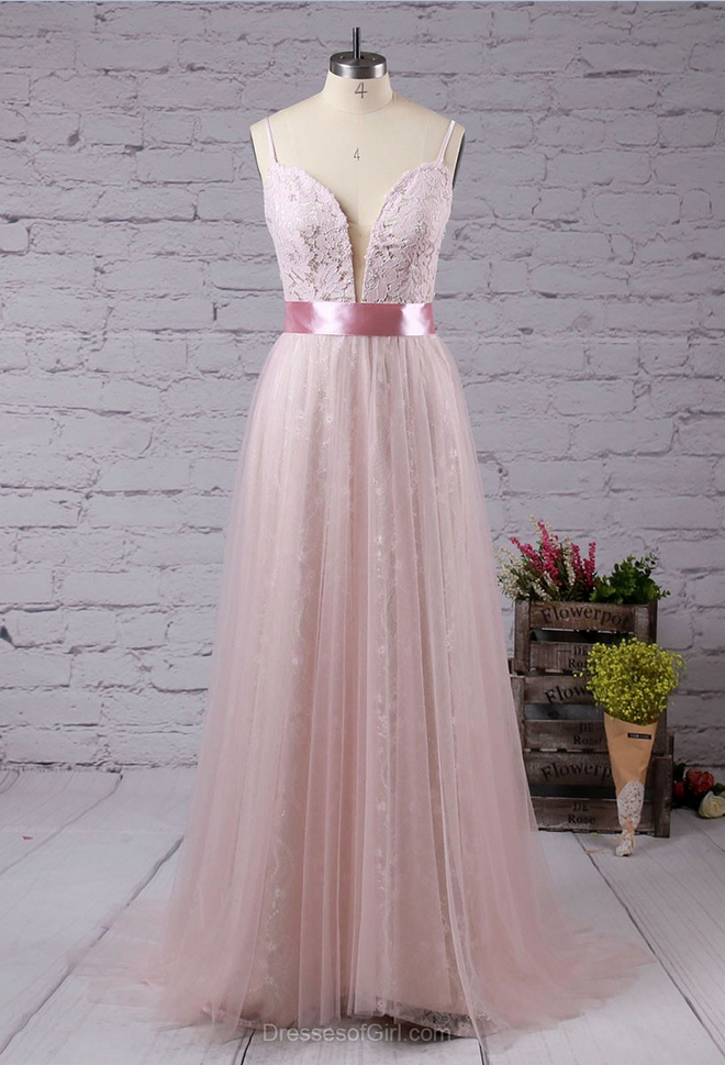 A-line V-neck Lace Tulle Sweep Train With Sashes / Ribbons Prom Dresses