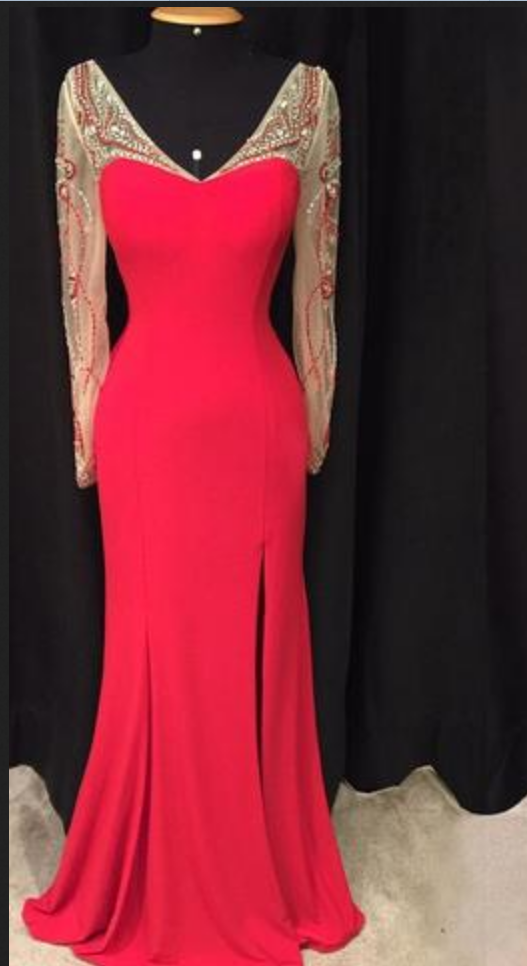 Red Side Slit Long Sleeves Mermaid V Neck Evening Prom Dresses
