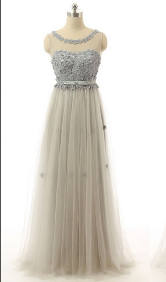 Grey Sheer Prom Dresses Long China Appliqued Tulle Formal Evening Gowns