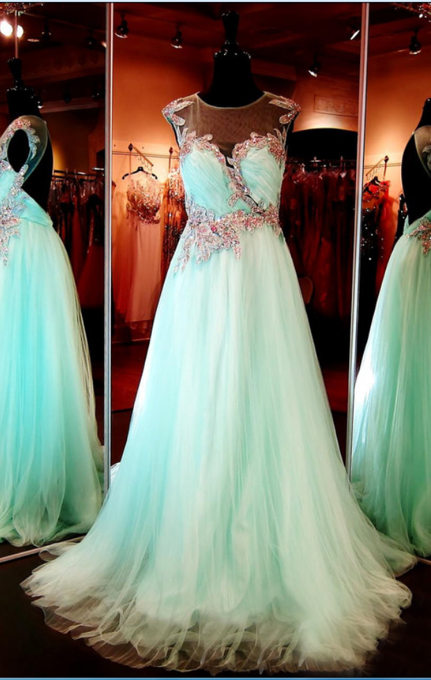 Cap Sleeves Prom Dress,open Back Beaded Tulle Long Aqua Prom Dresses, Prom Gowns, Dresses For Prom, Prom Dress , Affordable Prom Dress, Junior
