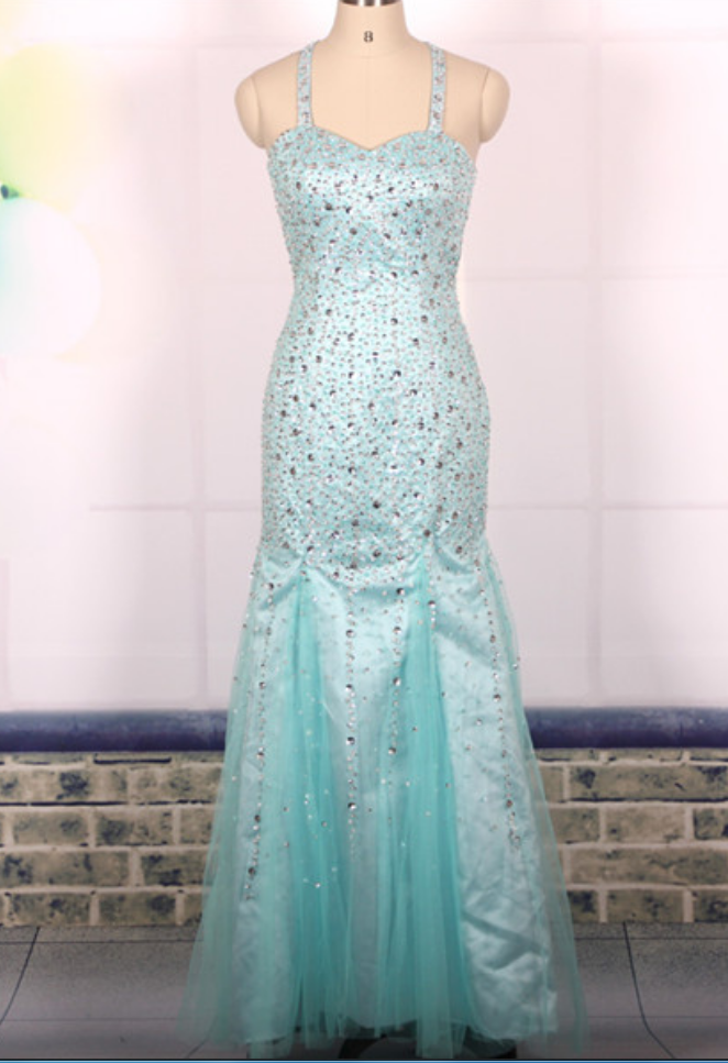 Prom Dress, Custom Ball Gown Heavy Beaded Sexy Backless Blue Long Mermaid Prom Dresses Gowns, Formal Evening Dresses Gowns, Homecoming