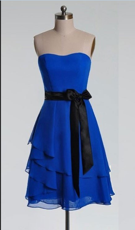 A-line Bow Embellished Strapless Sleeveless Knee-length Royal Blue Chiffon  With Black Sash Short Br on Luulla