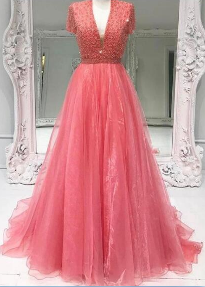 Coral A-line Prom Dress, Sexy Prom Dresses, Tulle Evening Dress, Deep V-neck Long Prom Dresses Formal Dress