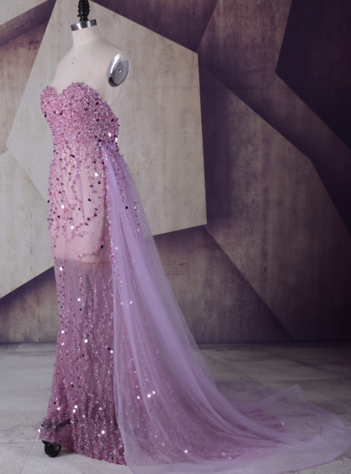 Strapless Light Purple Long Beaded Sequins Prom Dress
