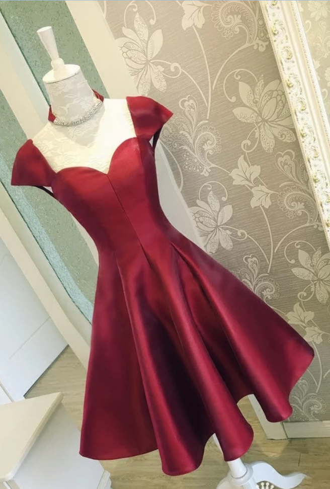 Burgundy Satin Short Prom Dresses With Cap Sleeves