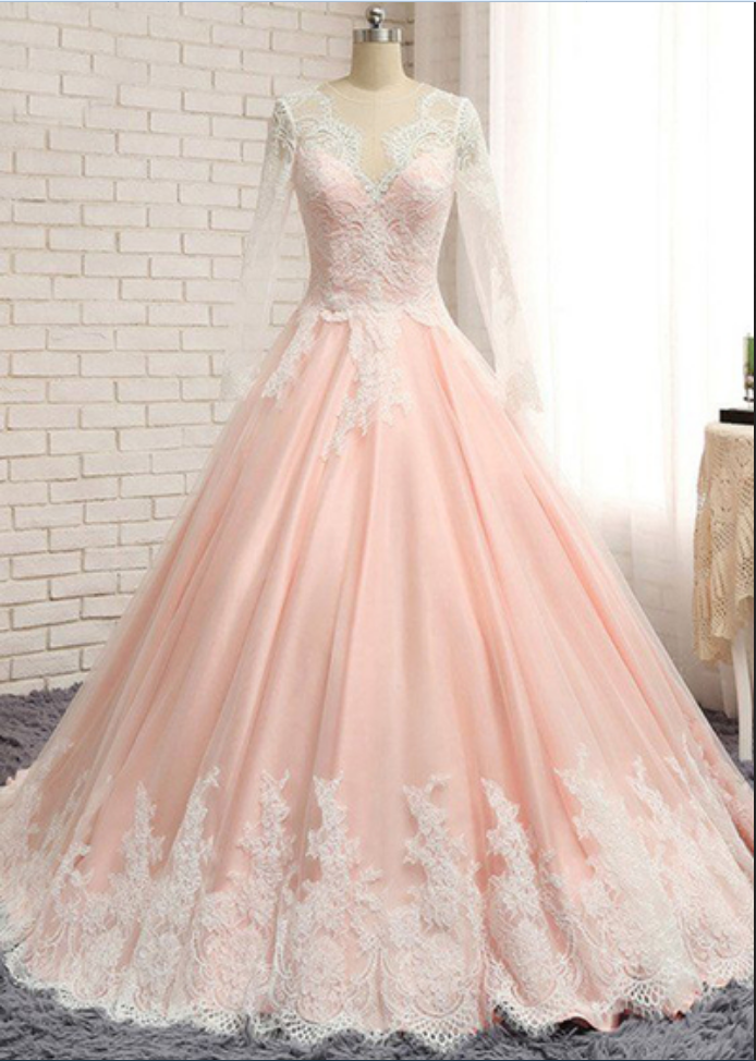 Blush Pink Chiffon Long Lace A-line Senior Prom Dress With Sleeves