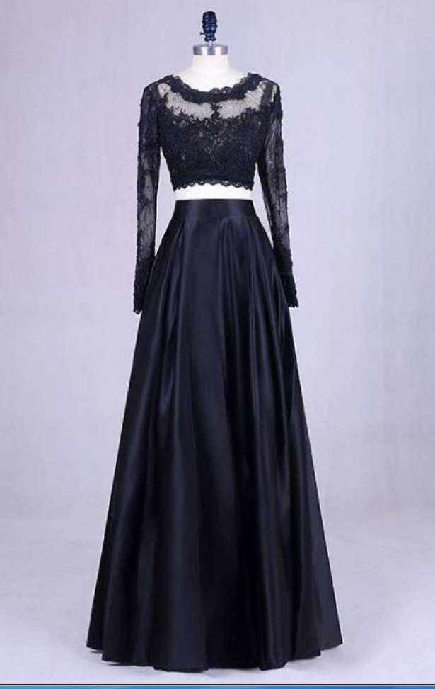 black long sleeve prom dress two piece Two Piece Black Long Sleeve Formal Dress with Appliques, Long Prom Dre kateprom