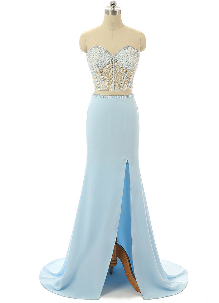 Light Blue Beaded Prom Dresses,sweetheart Prom Gowns,formal Women Dress,two Piece Dresses