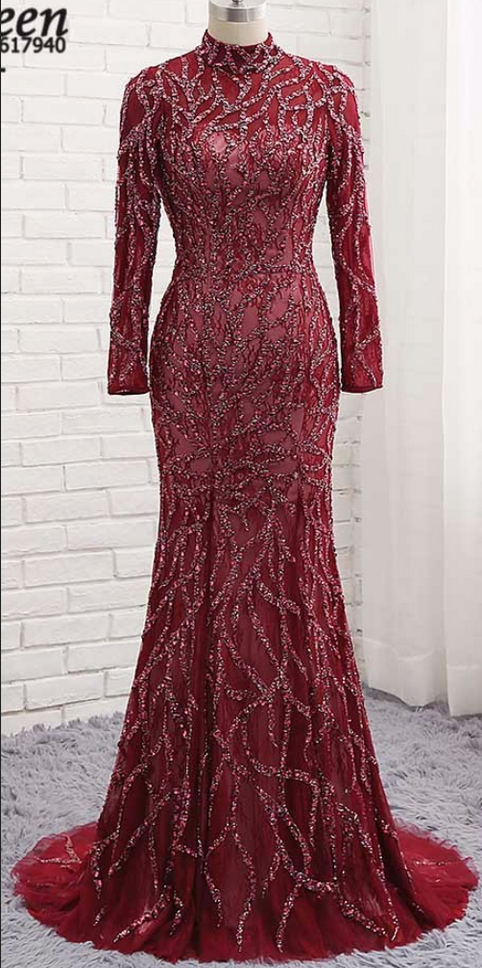 Burgundy Long Sleeve Mermaid Evening Dress High Neck With Full Crystal Count Train Vestido De Fasta Formal Party