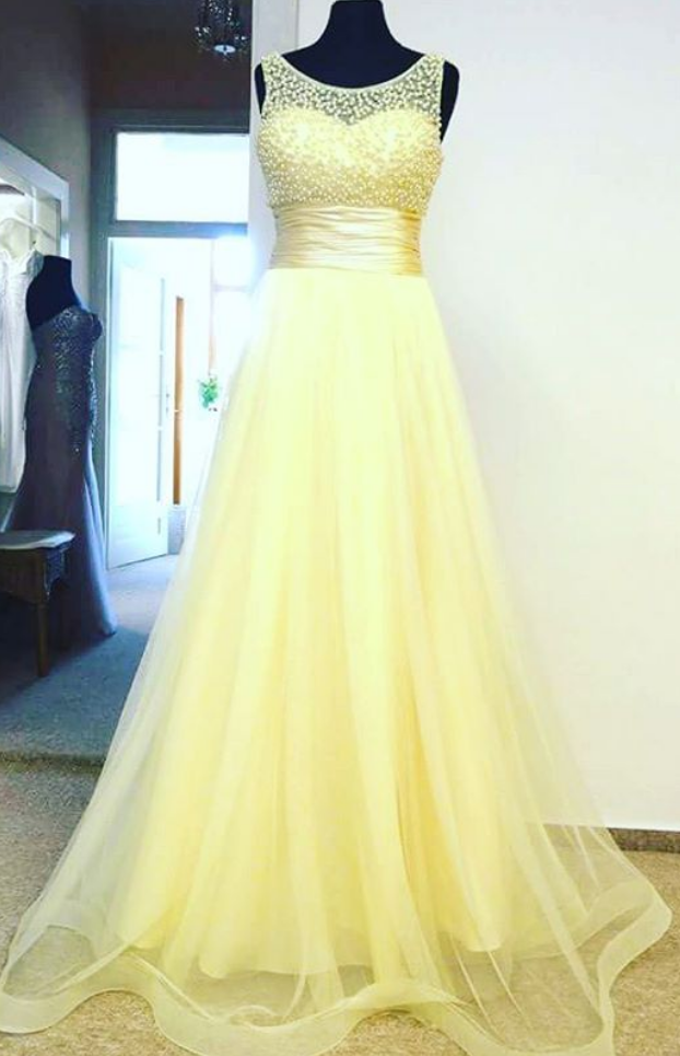 Evening Dress,prom Dress,prom Dresses,yellow Tulle Empire Long Prom Dress , Formal Gown With Beaded Bodice