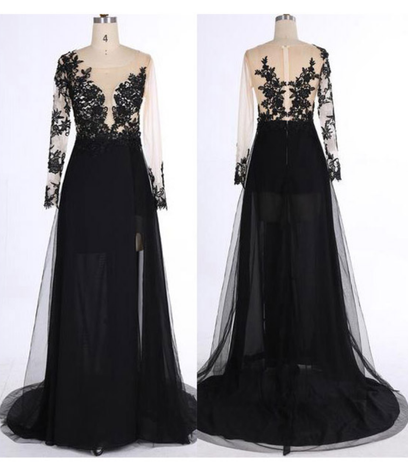 Black Long Sleeves Prom Dress,see-through V-neck Prom Dresses,tulle Evening Dress With Appliques,formal Gowns