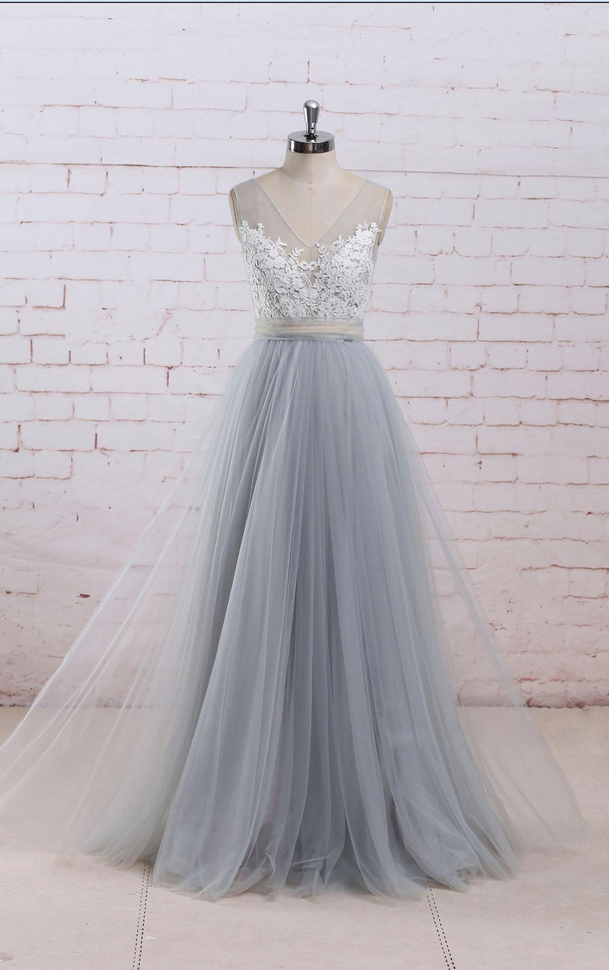 Grey Tulle Princess Gowns, Gorgeous Tulle Prom Dresses Long, Wedding Gowns