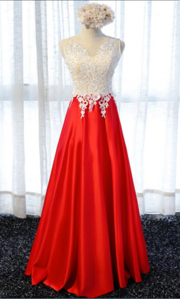 Red Satin White Lace Bodice Long Party Dresses, Formal Dresses, Evening Gowns, Prom Dress
