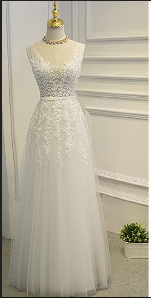Lovely White Long Tulle Evening Formal Dresses, Long Prom Dresses , V-neckline Lace Applique Party Dresses