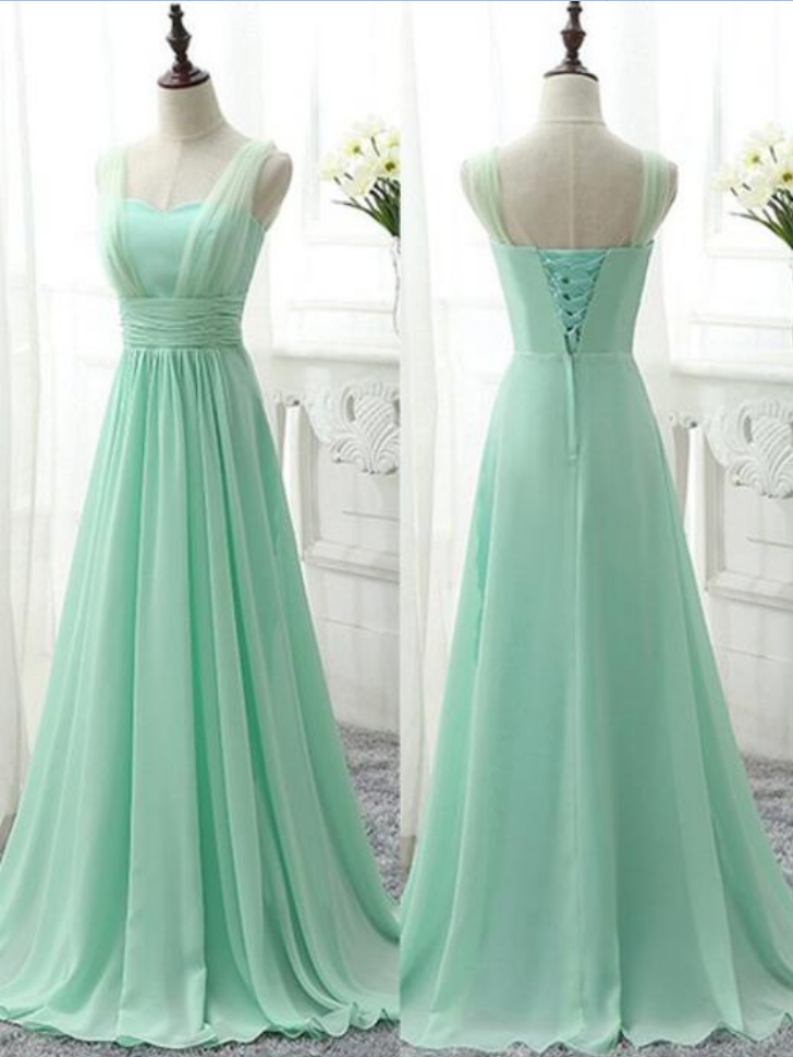Straps Mint Green Long Lace-up Bridesmaid Dresses, Chiffon Bridesmaid Dresses, Mint Wedding Party Dresses