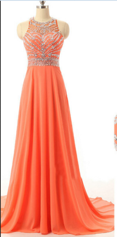 Beautiful Chiffon Halter Beaded Backless Long Prom Dresses , Prom Gowns, Prom Dresses