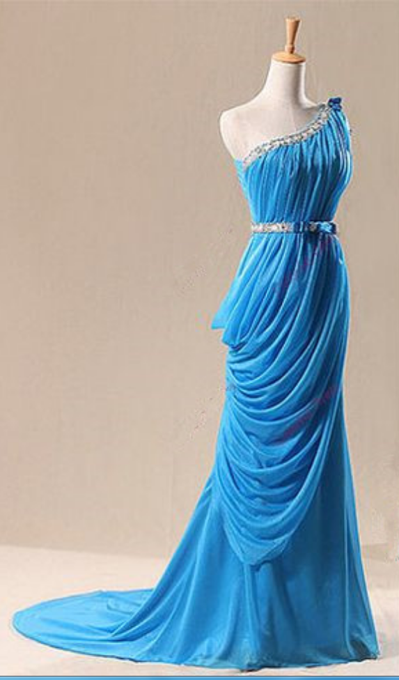 Elegant One Shoulder Blue Long Prom Gown With Belt, Blue Prom Gowns,prom Dresses
