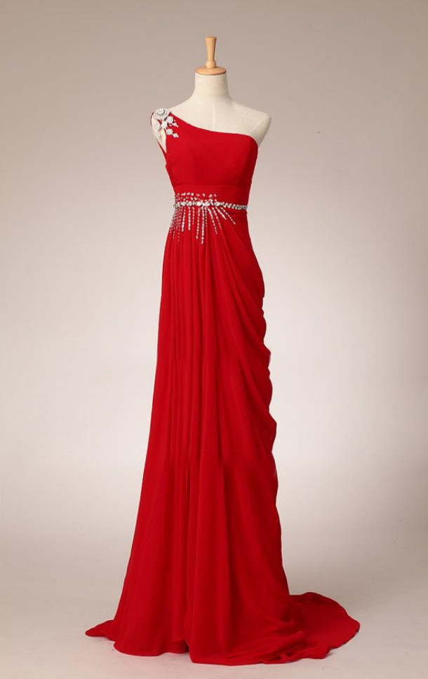 Pretty Elegant Red One-Shoulder Prom Dress with Beadings, Simple Red Prom Dresses, Prom Gowns, Evening Dresses