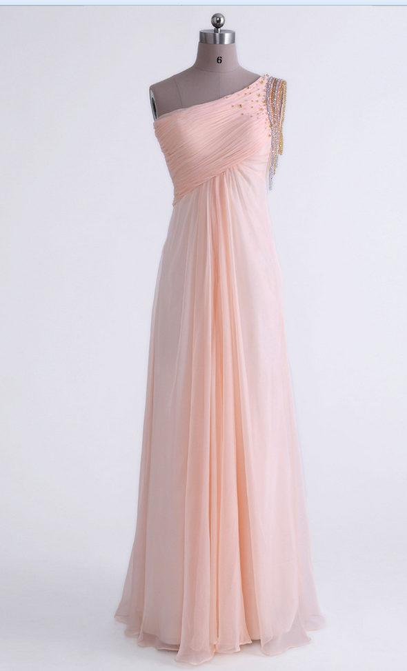Elegant One Shoulder Pearl Pink Floor Length Chiffon Bridesmaid Dresses With Beadings, Handmade Prom Dresses, Occasion Dresses, Formal Dresses