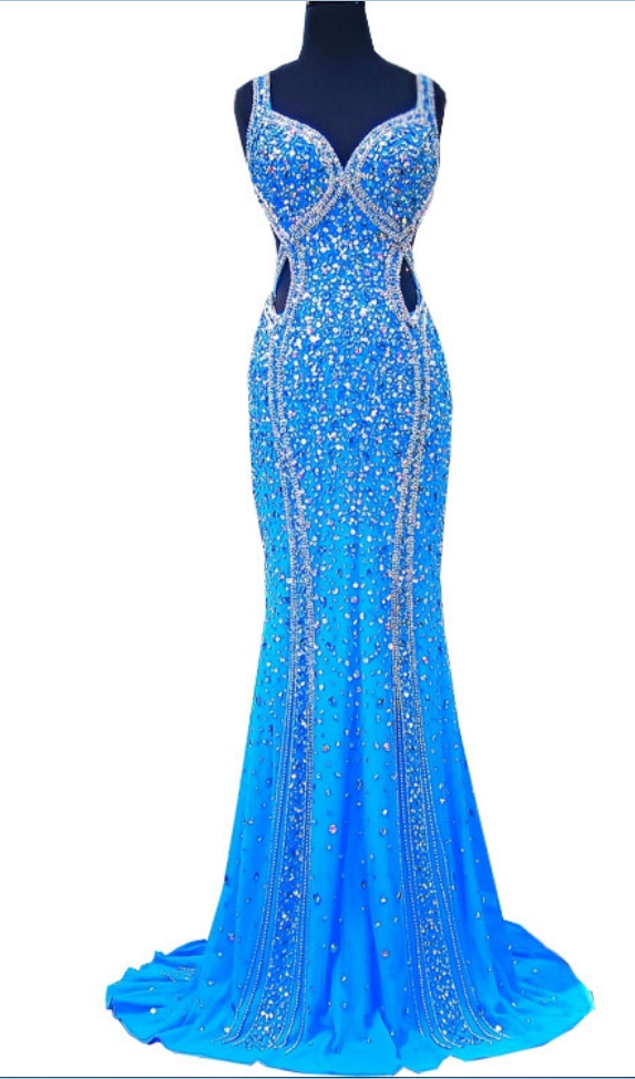 Luxurious Mermaid Spaghetti Long Gown, African Blue Shirtless Party Dress Silk Length Part