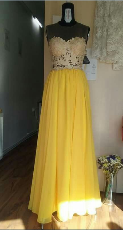 Illusion Bodice Yellow Long Party Dress Prom Dress Illusion Bodice Yellow Long Party Dress Prom Dress