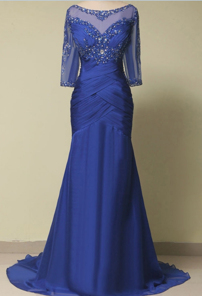 Royal Blue Long Sleeve Mermaid Evening Dresses Party Beaded Crystal Beautiful Women Prom Formal Evening Gowns Dresses Wear